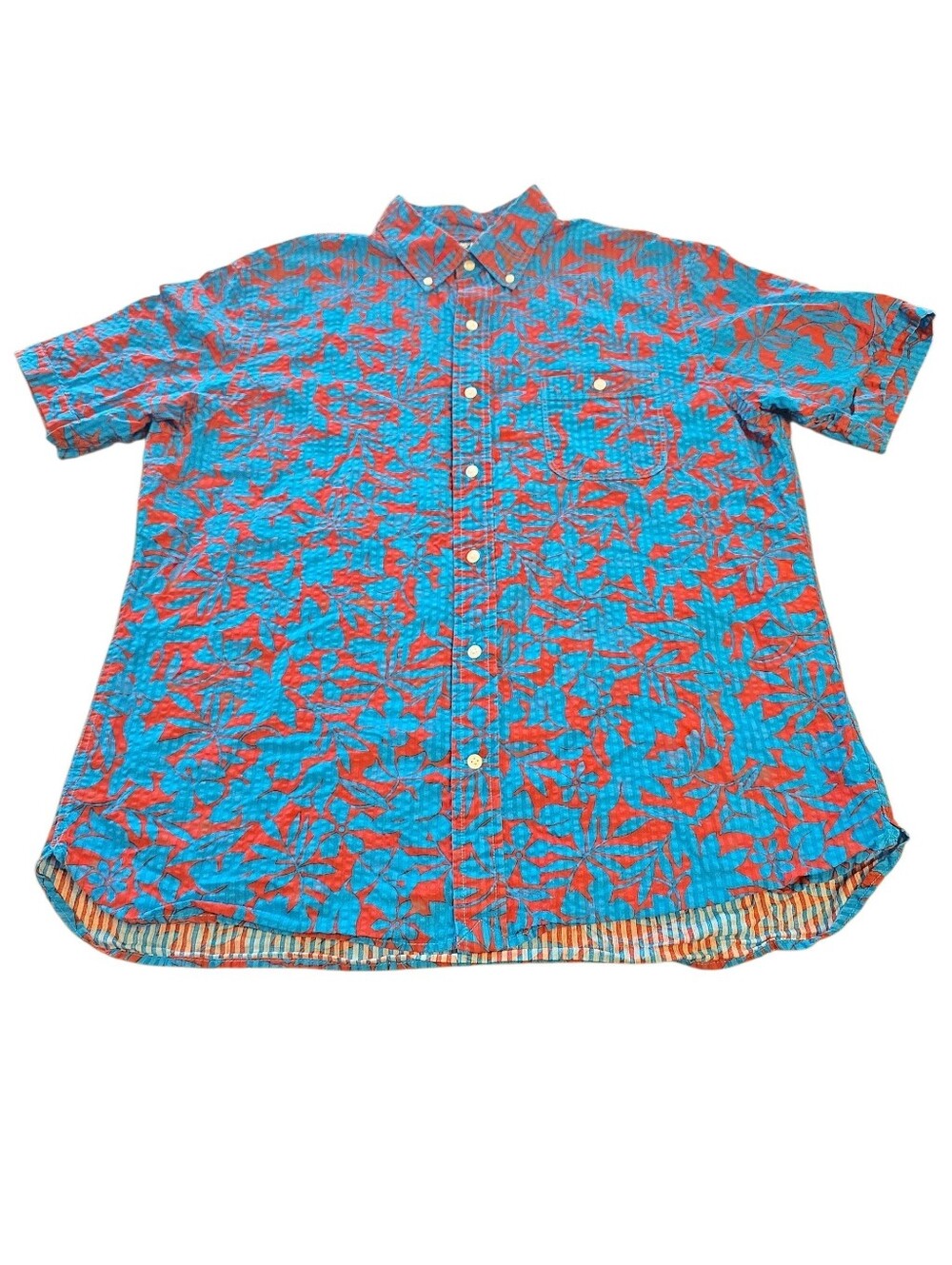 LANDS END Shirt Havana Red FLORAL Blue / Red flowers Pocket Button Up Sz L READ